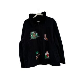 Nick & Sarah Christmas Black Full Zip Fleece Jacket Embroidered Womens 2x